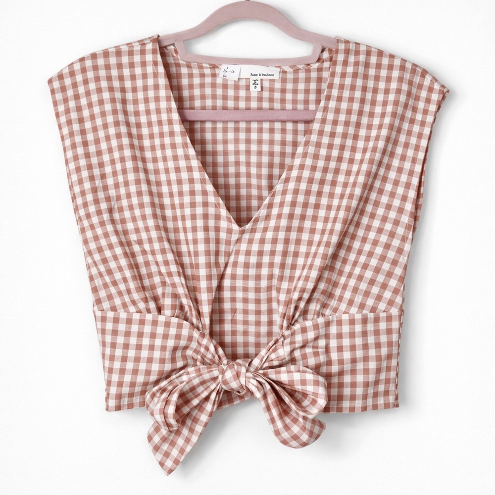 June & Hudson Gingham Cropped Tie-Front Blouse V Neck Cottagecore Top Size Small